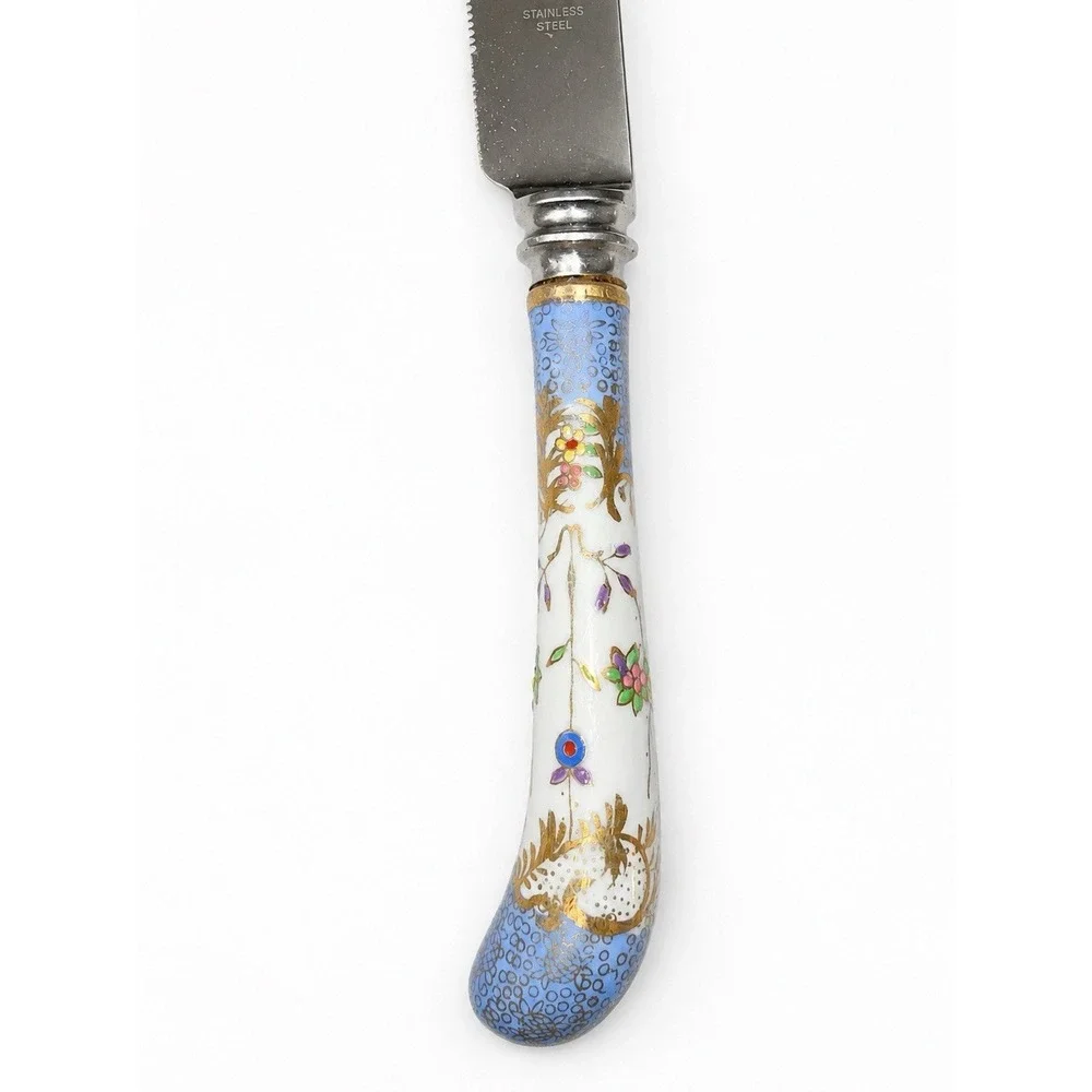 VTG Blue Gold Floraine Sheffield Cake Knife Set Stainless Floral